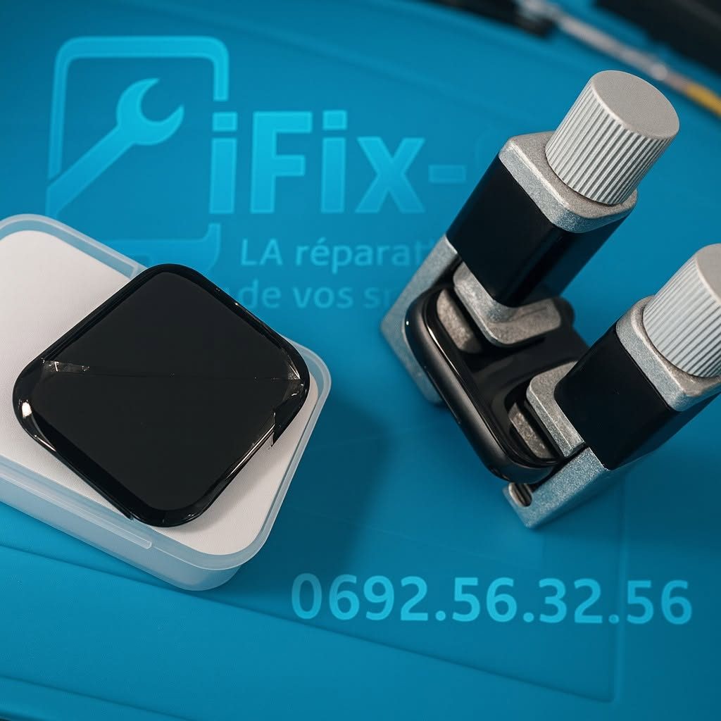 Écran de montre connectée sur un tapis de réparation bleu iFix-974, avec pinces de maintien